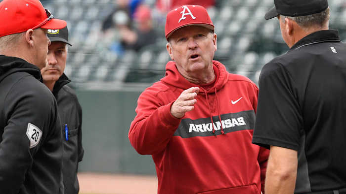 Arkansas Razorbacks coach Dave Van Horn at pregame meeting at home plate before a game with Illinois State on Wednesday.